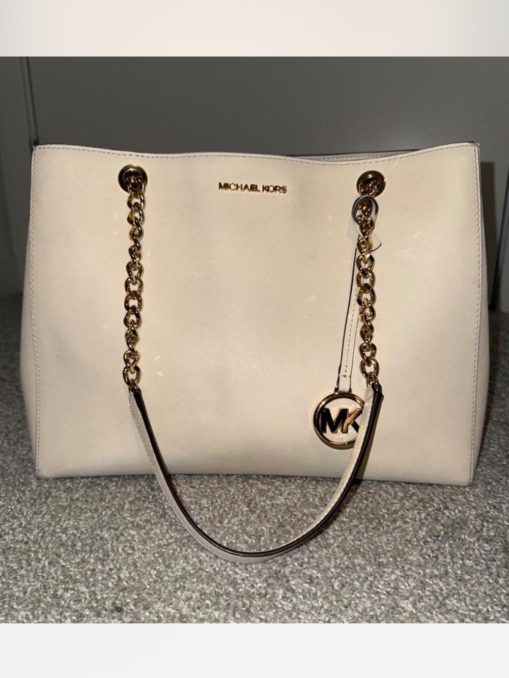 Michael Kors Ivory Saffiano Leather Chain Tote with Gold Hardware